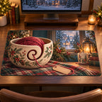 Christmas Yarn Bowl Family Knitting Desk Mat flat printed mat in matching Christmas setting