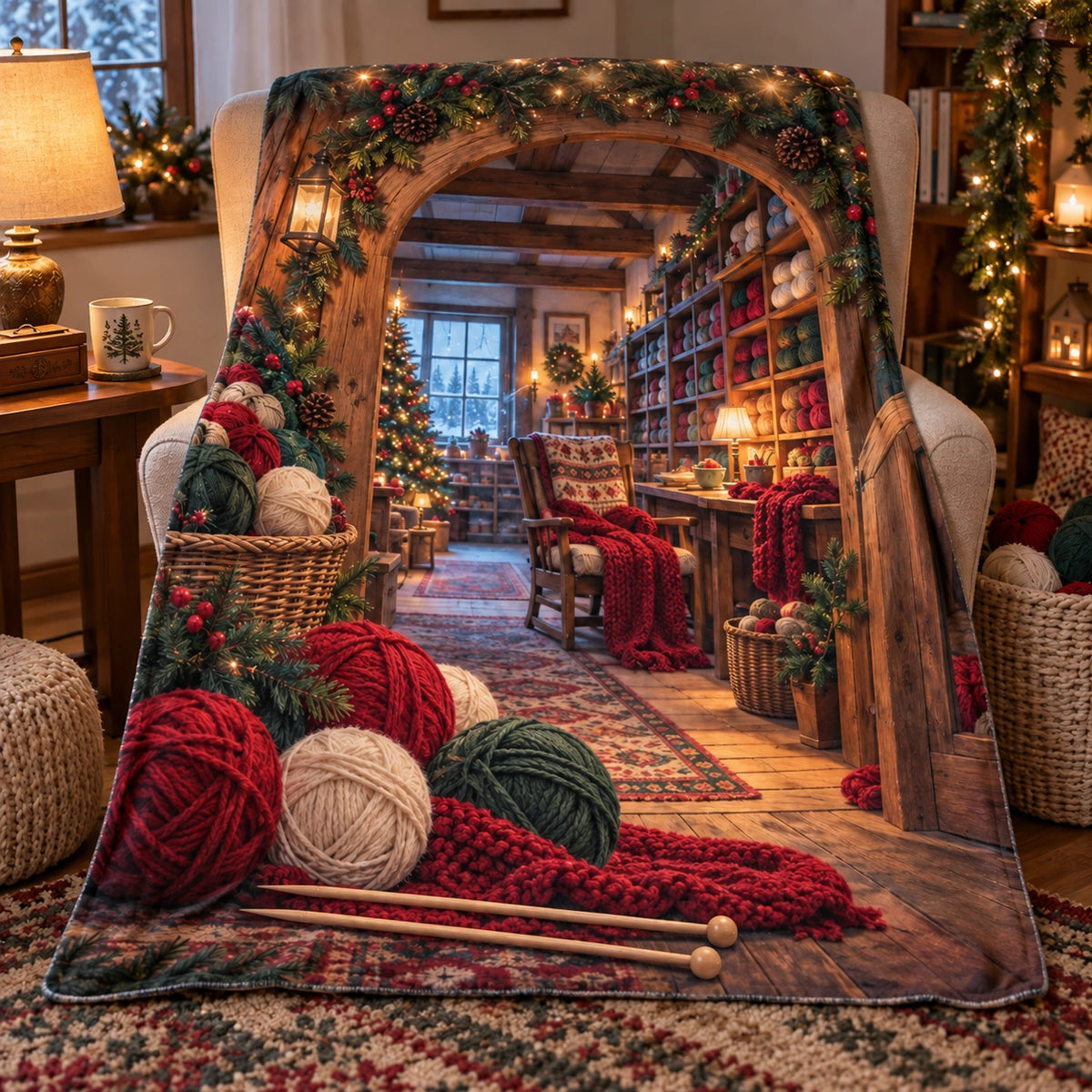 Christmas Yarn Studio Fleece Throw Blanket with layered printed depth and niche-specific Christmas background