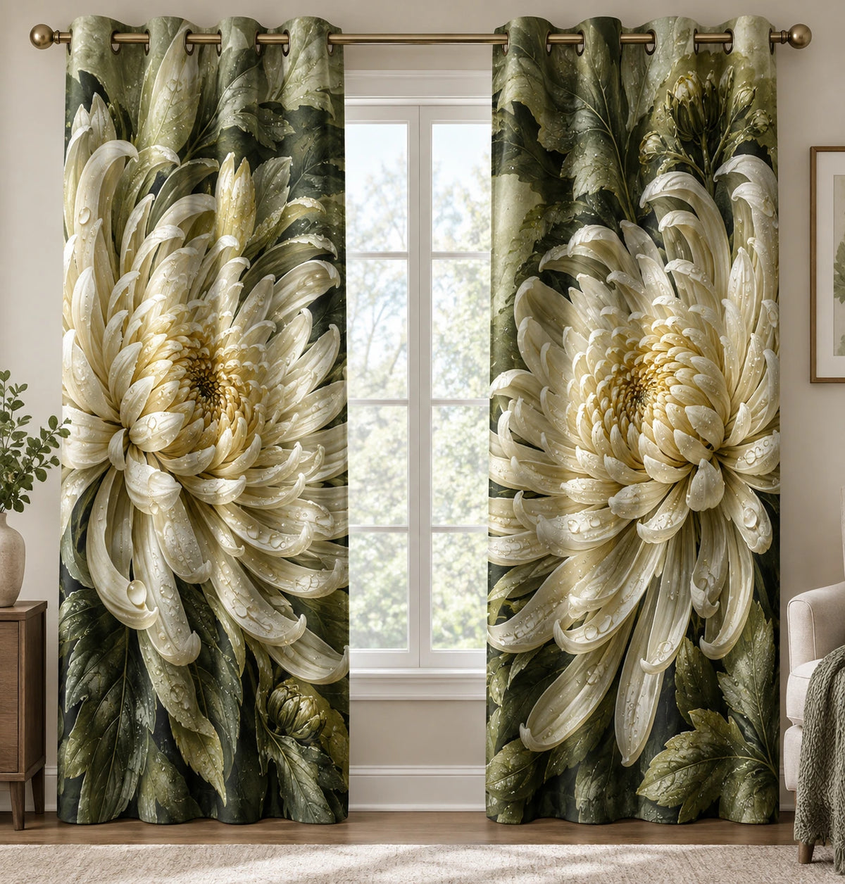 Chrysanthemum Dewdrop Morning Window Curtains with printed dimensional artwork