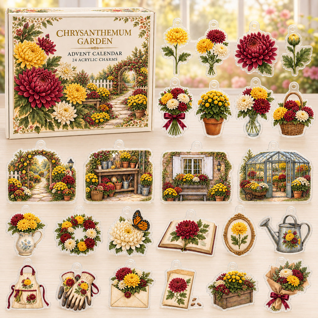 Chrysanthemum flower advent calendar box and 24 printed acrylic botanical charms