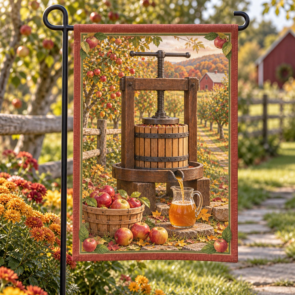 Cider Press Autumn Orchard Garden Flag with original printed optical 3D artwork
