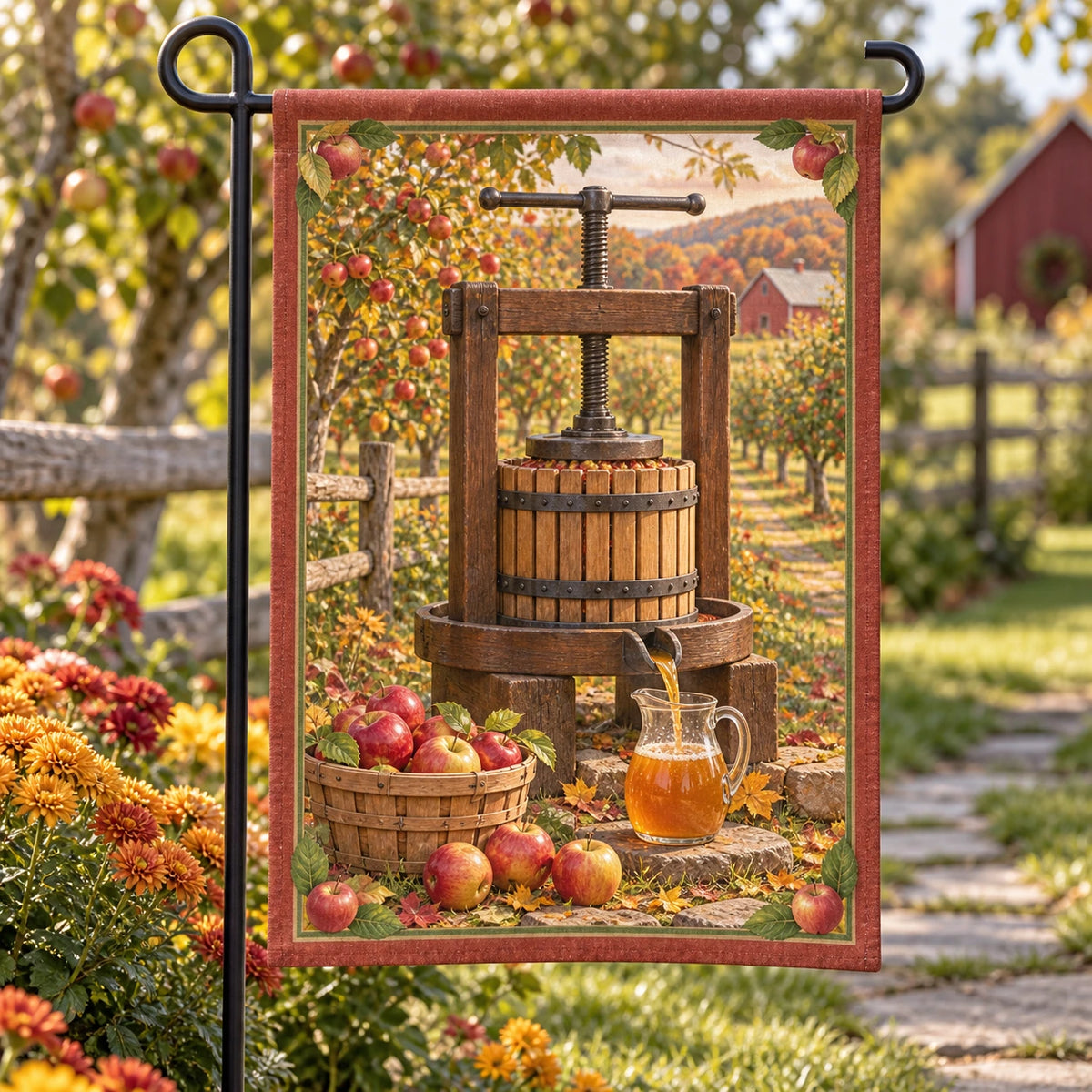 Cider Press Autumn Orchard Garden Flag with original printed optical 3D artwork