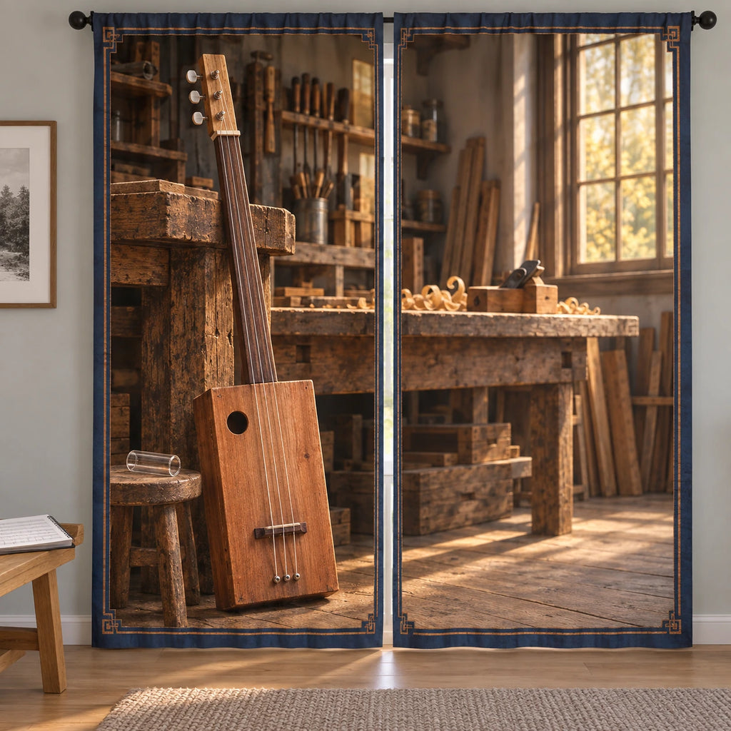 Cigar Box Guitar Workshop Window Curtain Pair with original printed optical 3D artwork
