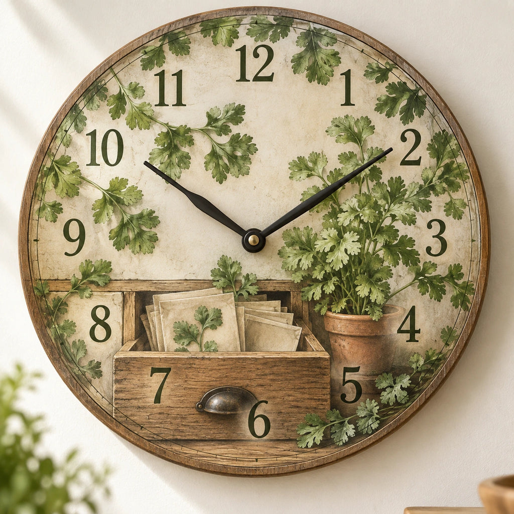 Cilantro Apothecary Drawer Wooden Wall Clock with printed dimensional artwork