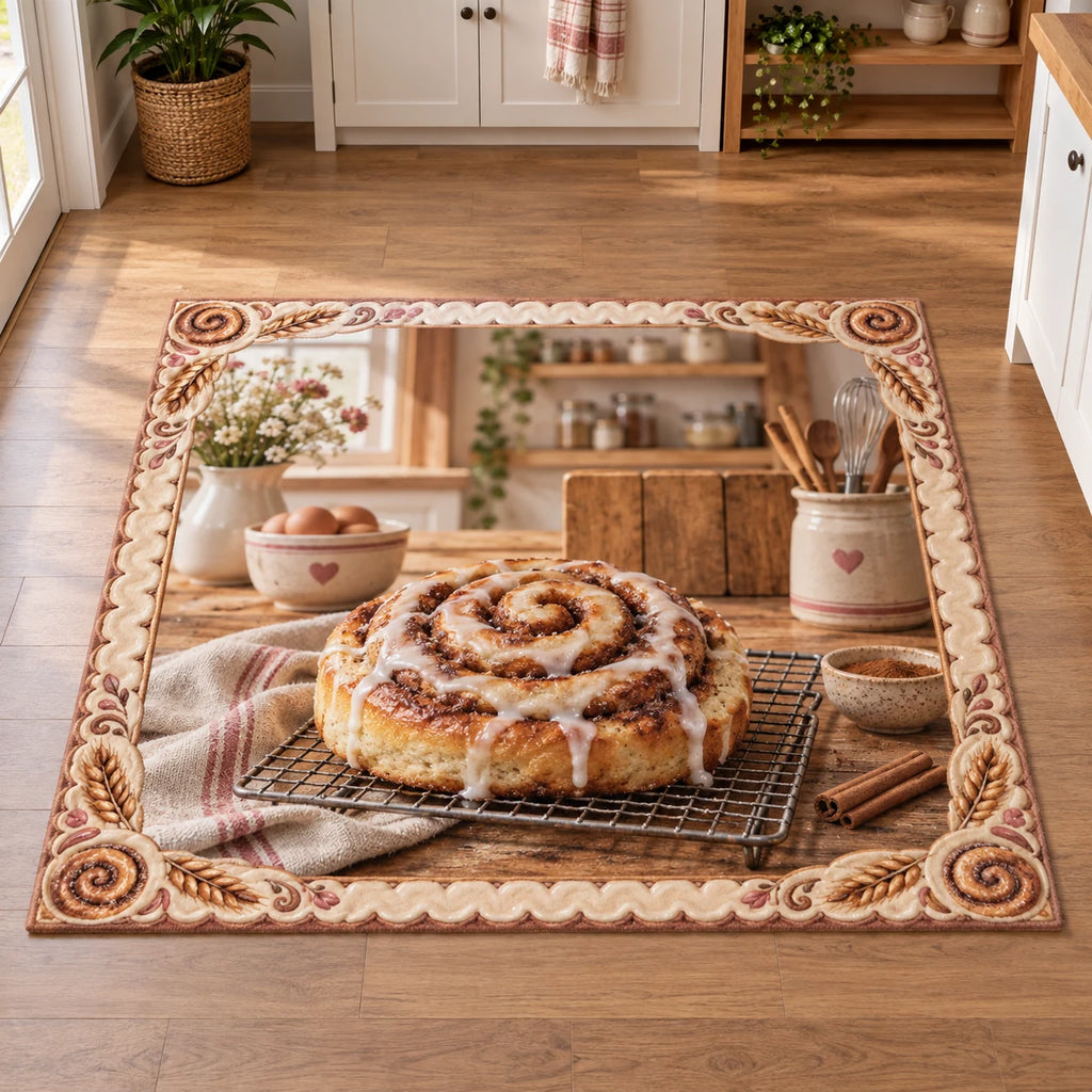 Iced cinnamon roll on cooling rack printed 3D area rug in a warm kitchen