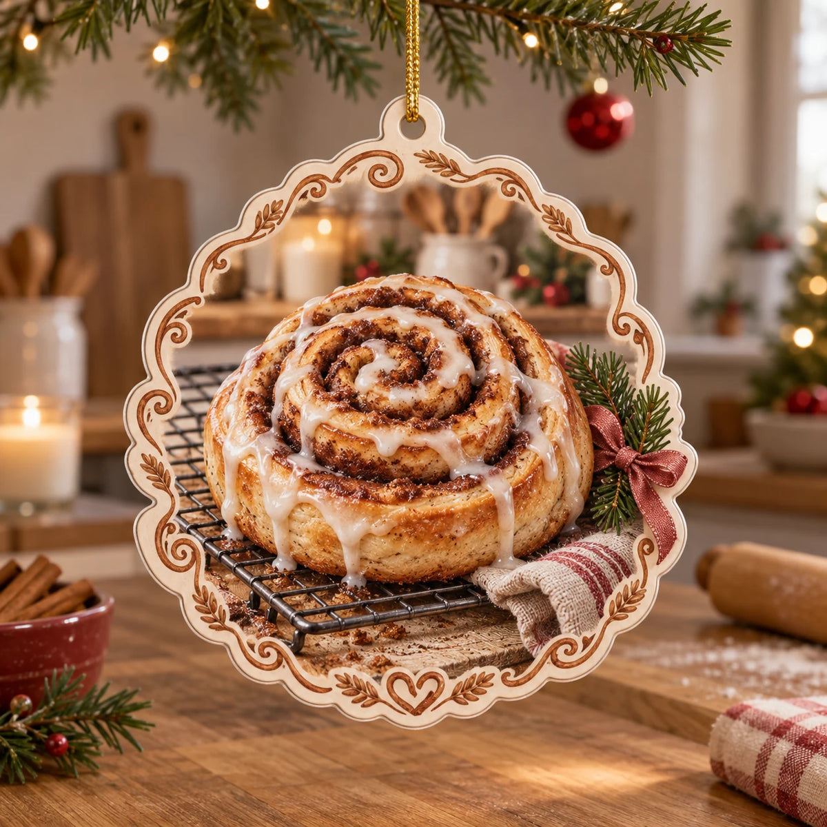 Iced cinnamon roll on cooling rack printed 3D christmas ornament in a warm kitchen