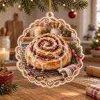 Iced cinnamon roll on cooling rack printed 3D christmas ornament in a warm kitchen