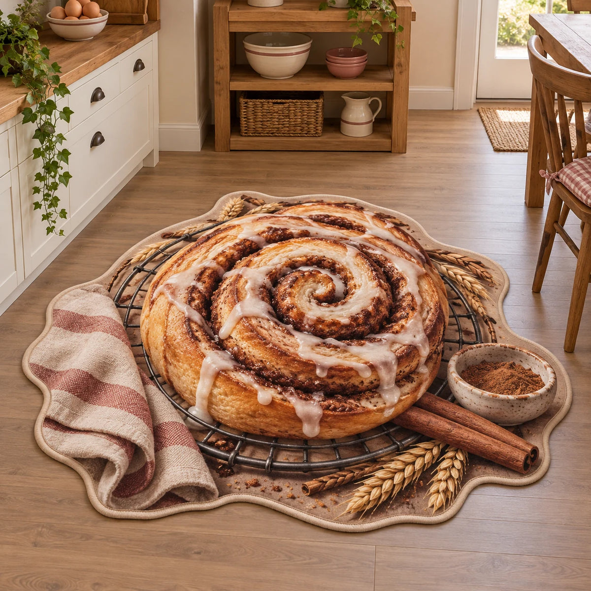 Iced cinnamon roll on cooling rack printed 3D custom shape area rug in a warm kitchen