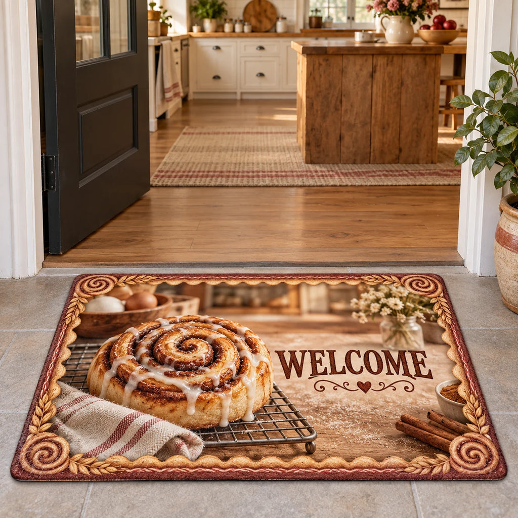 Iced cinnamon roll on cooling rack printed 3D doormat in a warm kitchen