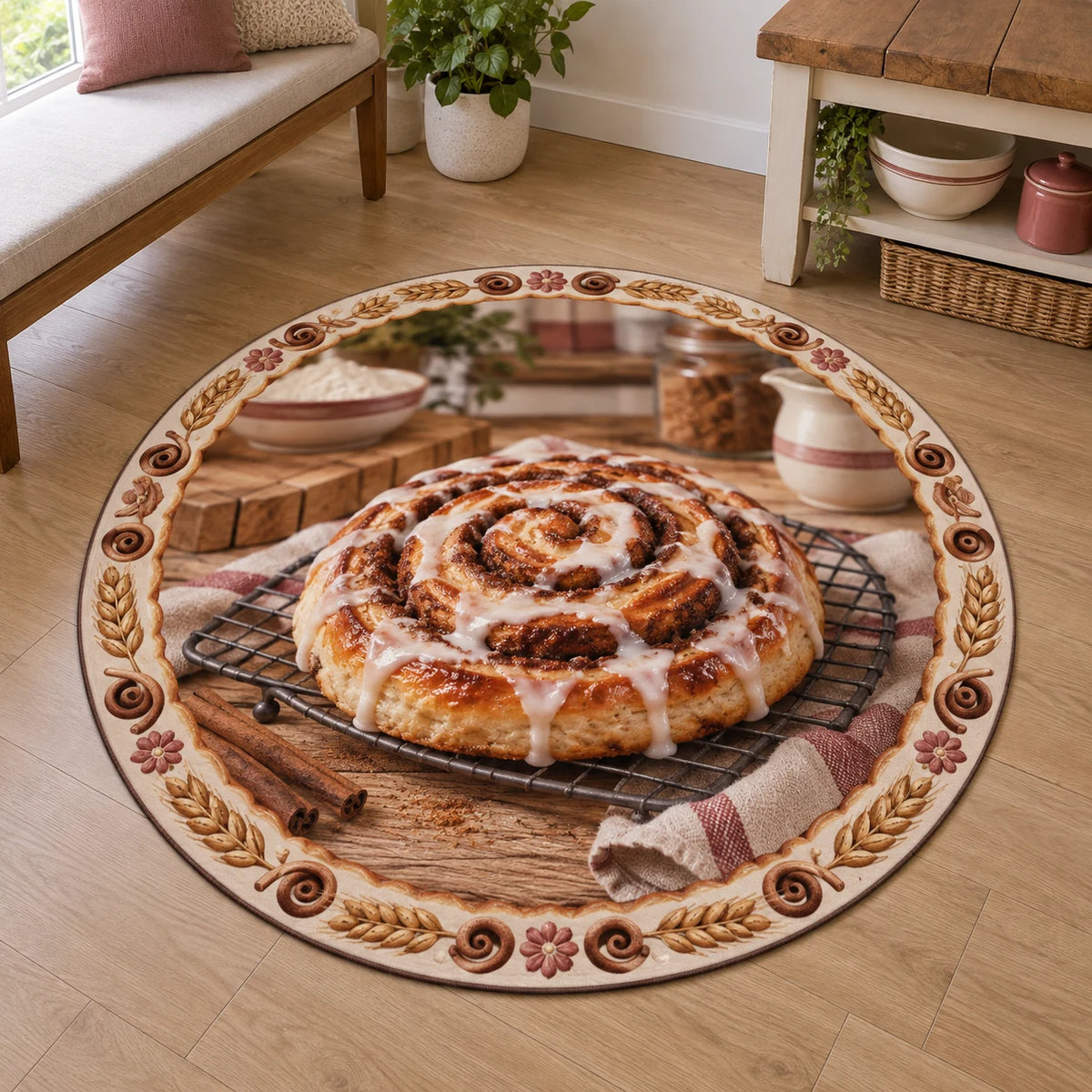 Iced cinnamon roll on cooling rack printed 3D round mat rug in a warm kitchen