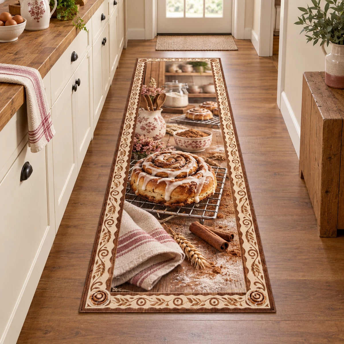 Iced cinnamon roll on cooling rack printed 3D runner rug in a warm kitchen