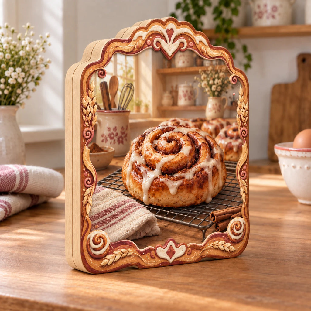 Iced cinnamon roll on cooling rack printed 3D wooden block 3 layer in a warm kitchen
