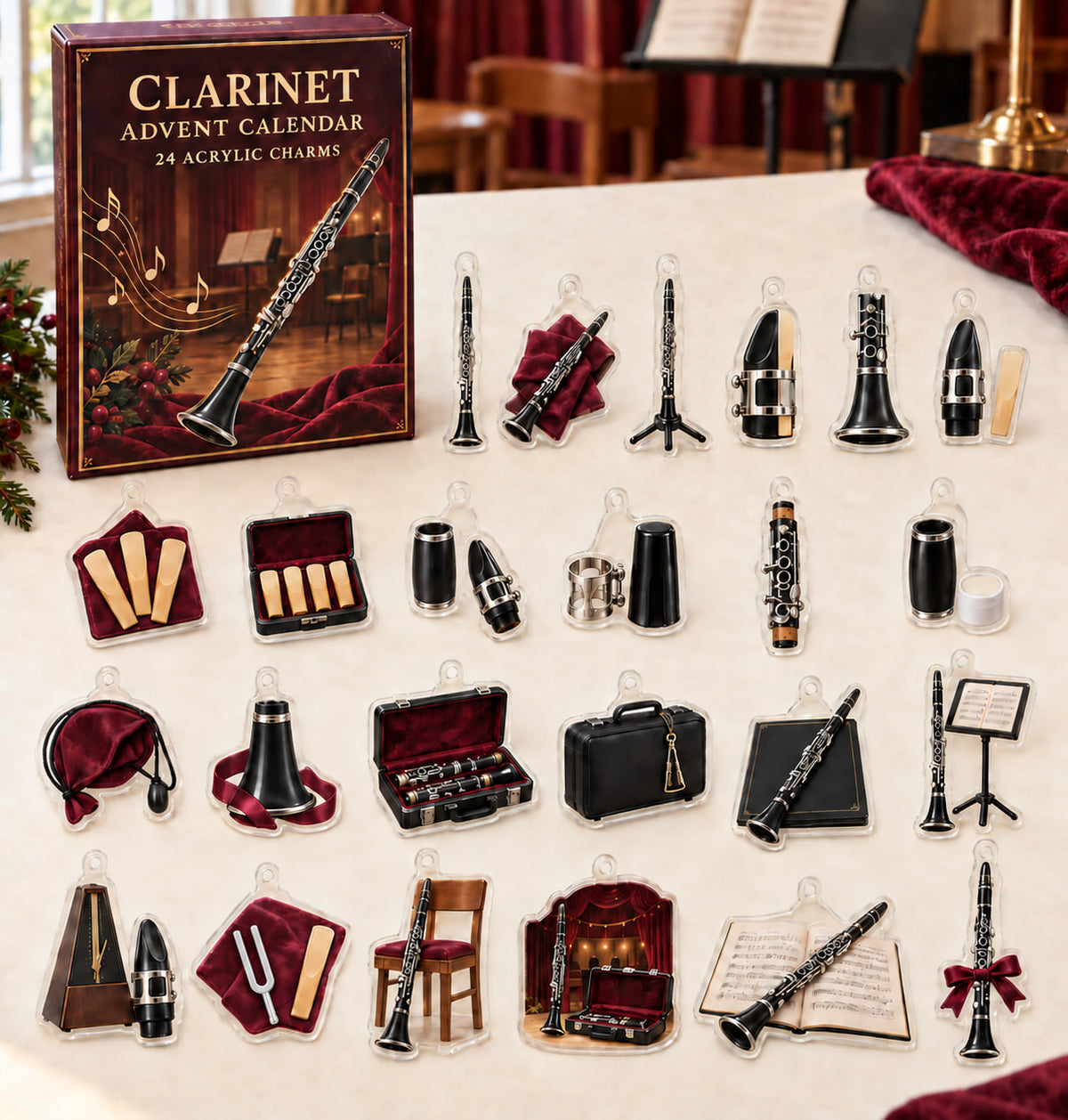 Clarinet advent calendar with 24 custom-shaped flat acrylic charms and printed dimensional artwork