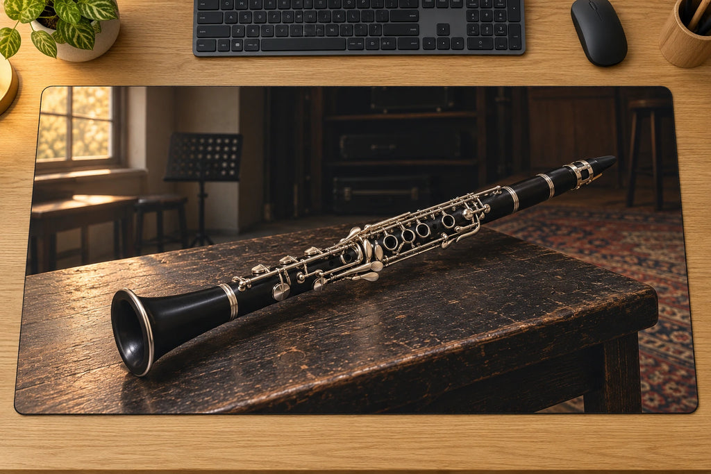 Clarinet Rehearsal Studio Desk Mat with flat printed clarinet and warm room depth.