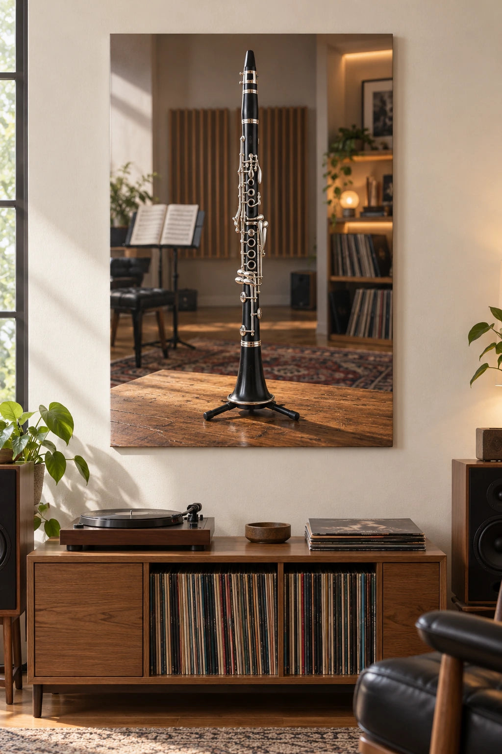 Clarinet Rehearsal Studio Stretched Canvas with flat printed instrument and acoustic room depth.