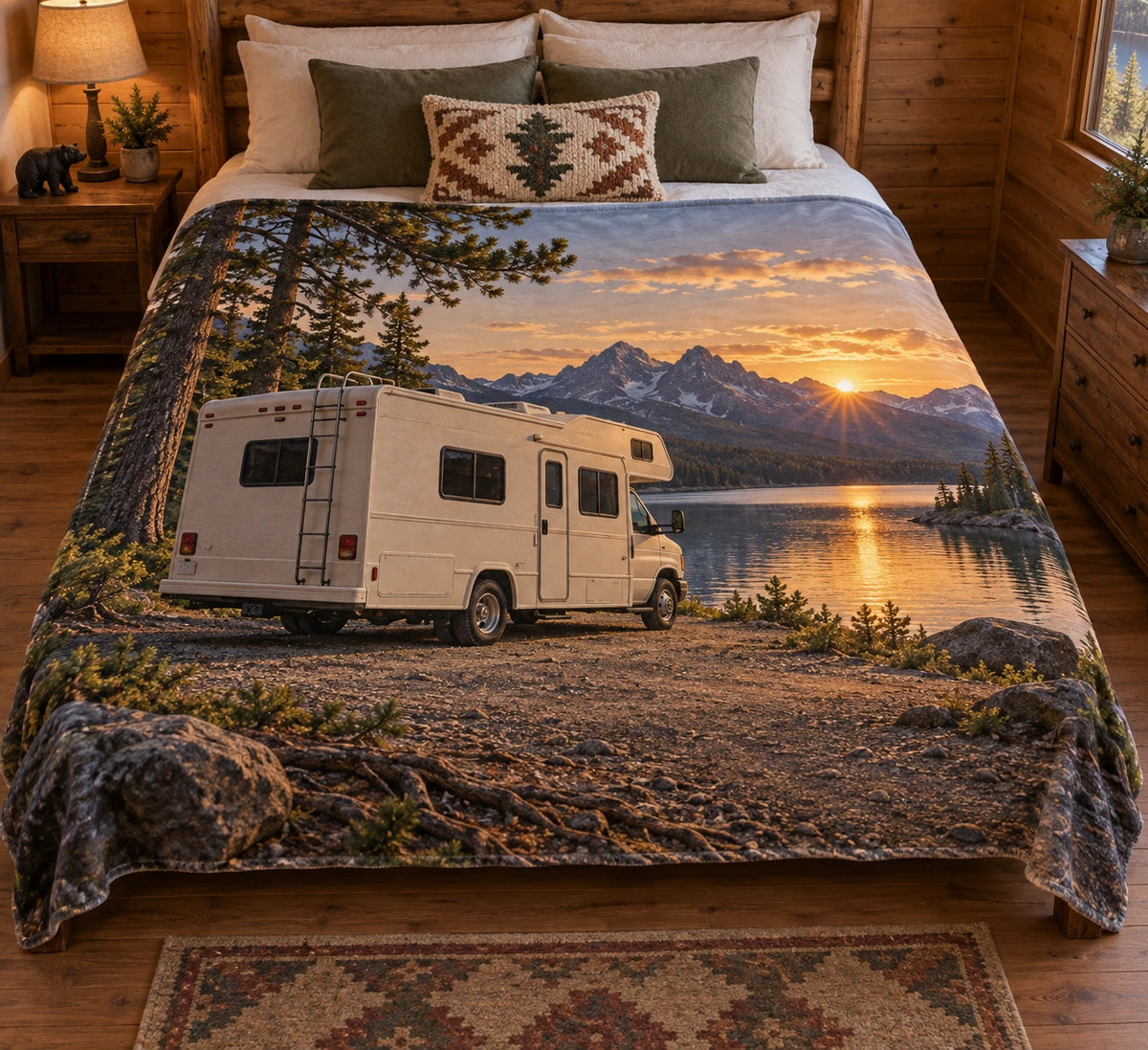 Class C motorhome alpine lake scene printed on flat fleece.