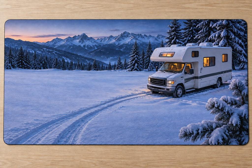 Class C RV Alpine Snow Camp Desk Mat with printed over-cab motorhome and snow depth