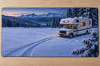 Class C RV Alpine Snow Camp Desk Mat with printed over-cab motorhome and snow depth