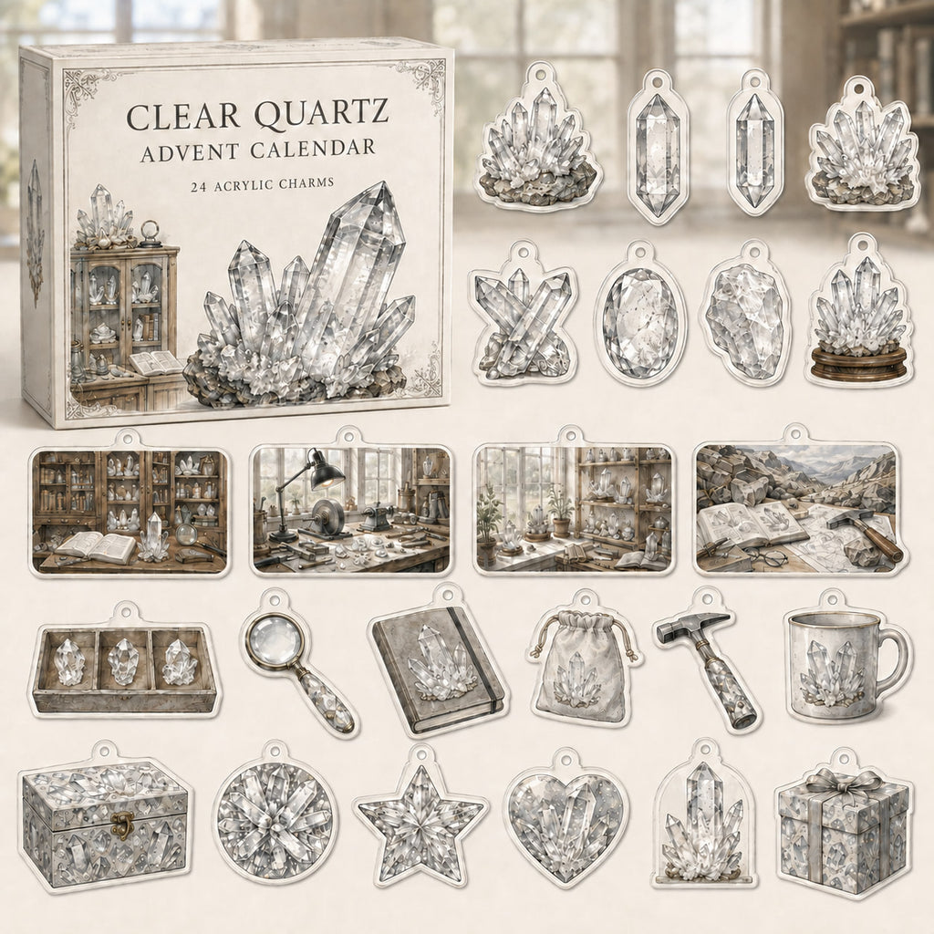 Clear Quartz advent calendar box and 24 mineral-themed printed acrylic charms