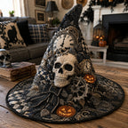Clockwork Bones quilted witch hat, all-over print on cone and brim