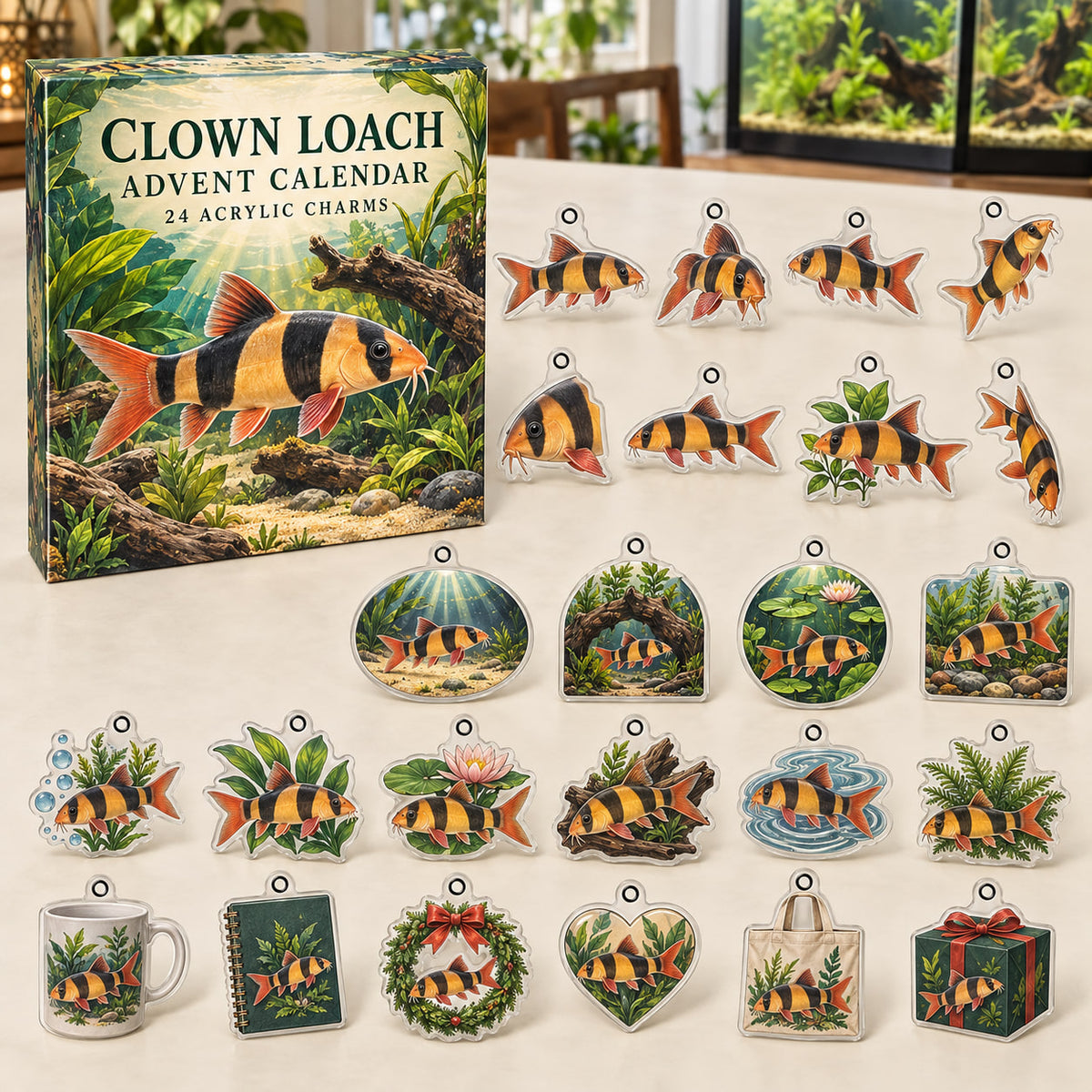Clown Loach advent calendar box with 24 themed flat printed acrylic charms