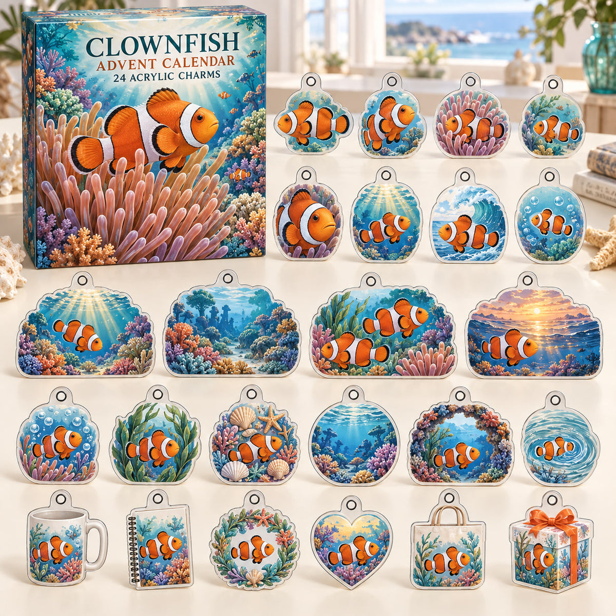 Clownfish advent calendar box with 24 themed flat printed acrylic charms