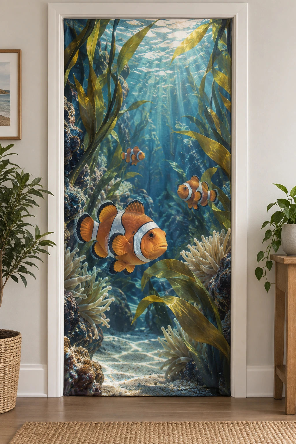Clownfish Kelp Garden Fabric Door Cover with printed dimensional artwork