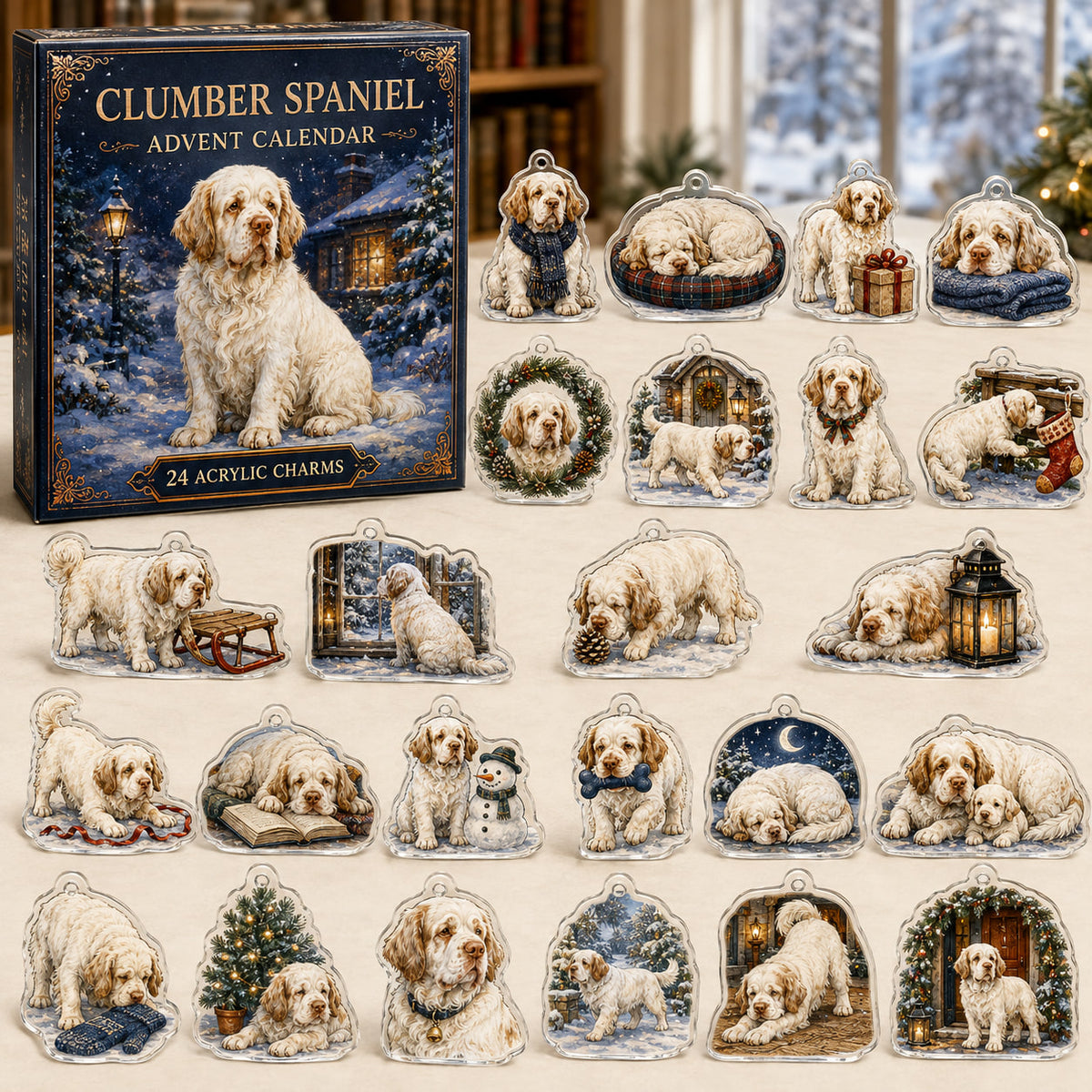 Clumber Spaniel advent calendar box and 24 illustrated acrylic charms displayed on an ivory tabletop in a winter setting