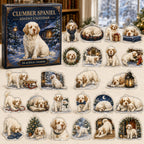 Clumber Spaniel advent calendar box and 24 illustrated acrylic charms displayed on an ivory tabletop in a winter setting