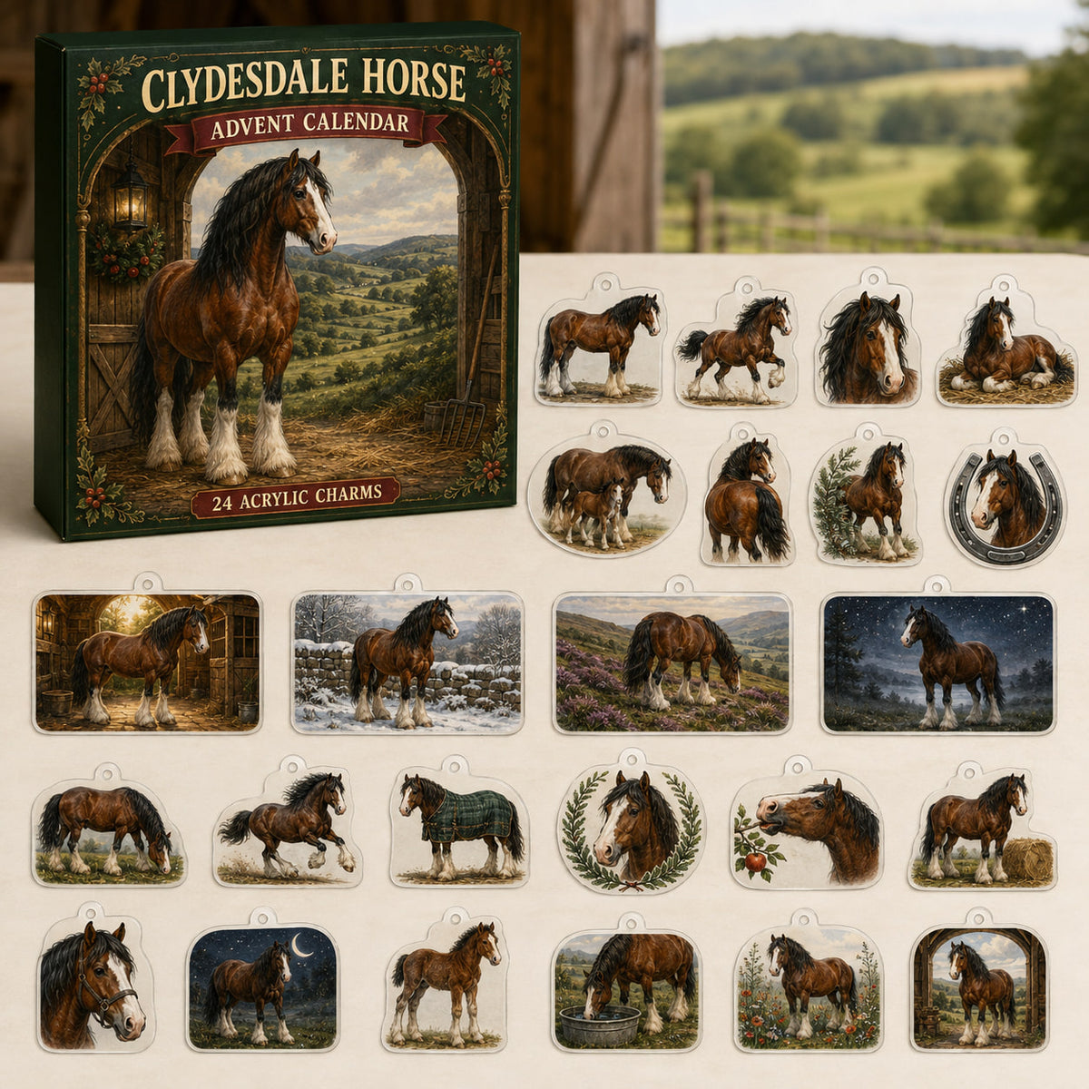Clydesdale Horse calendar box and 24 printed acrylic equestrian charms