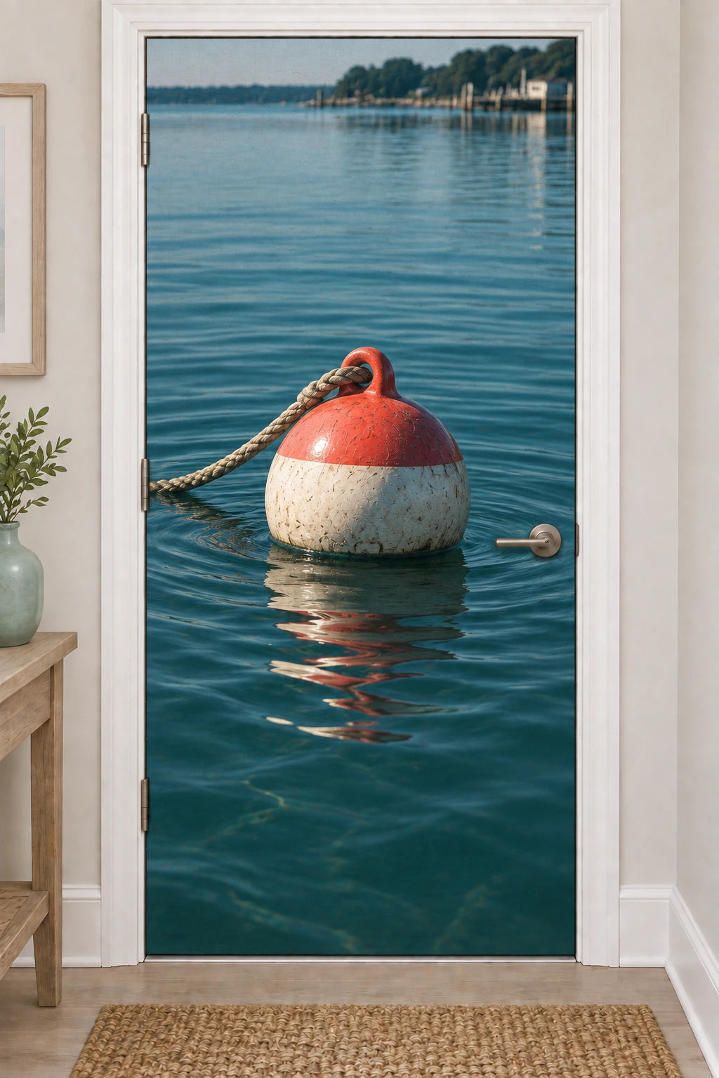 Coastal Buoy Harbor Ripples Fabric Door Cover with rounded printed buoy and water reflections