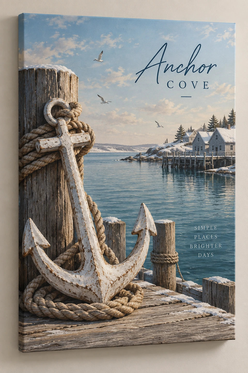 Coastal Canvas Wall Art - Anchor Cove Winter Coast with flat printed dimensional artwork