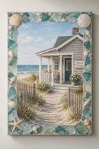 Coastal Canvas Wall Art - Beach Cottage Sea Glass Frame with flat printed dimensional artwork