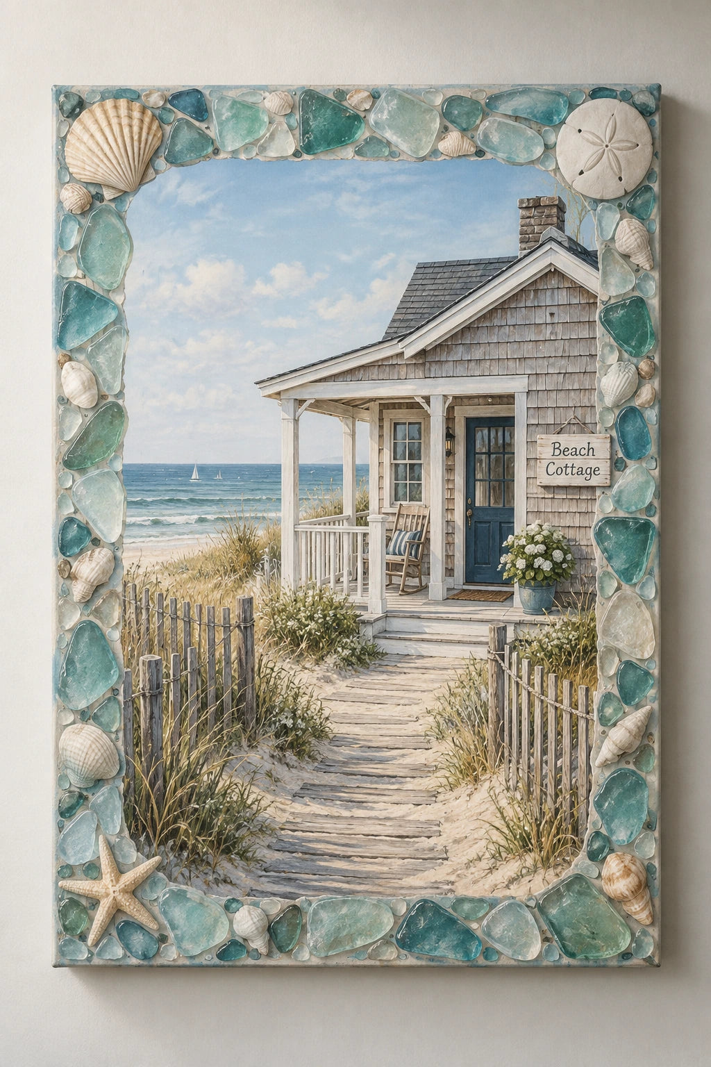 Coastal Canvas Wall Art - Beach Cottage Sea Glass Frame with flat printed dimensional artwork