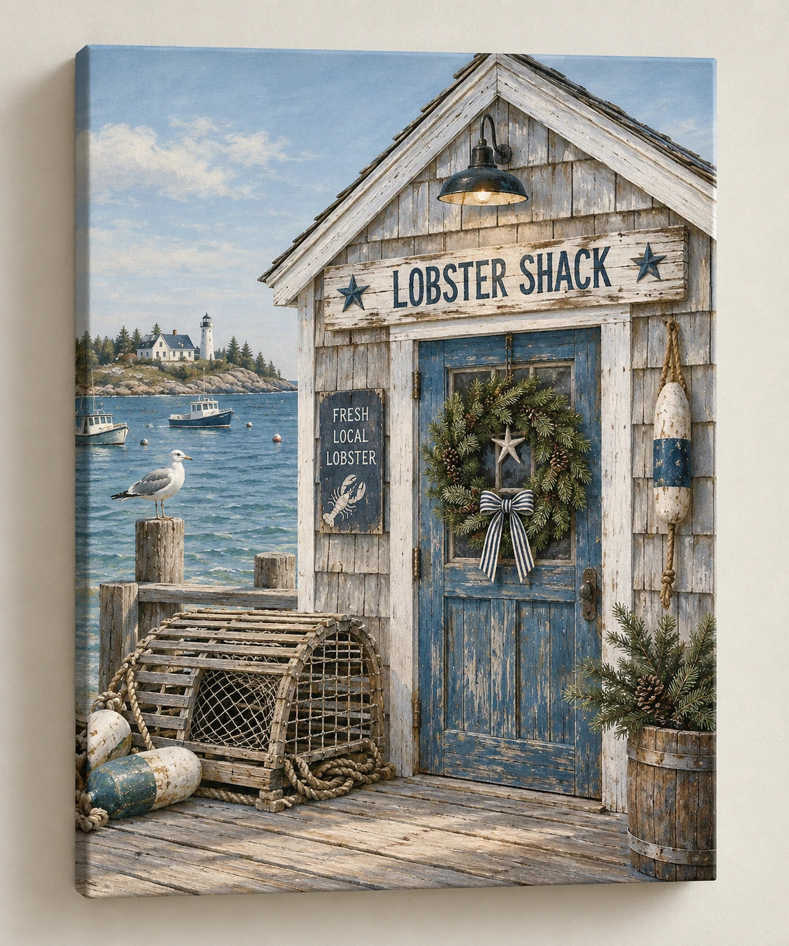 Coastal Canvas Wall Art - Lobster Shack Coastal Christmas with flat printed dimensional artwork