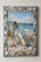 Coastal Canvas Wall Art - Message Bottle Shell Frame with flat printed dimensional artwork