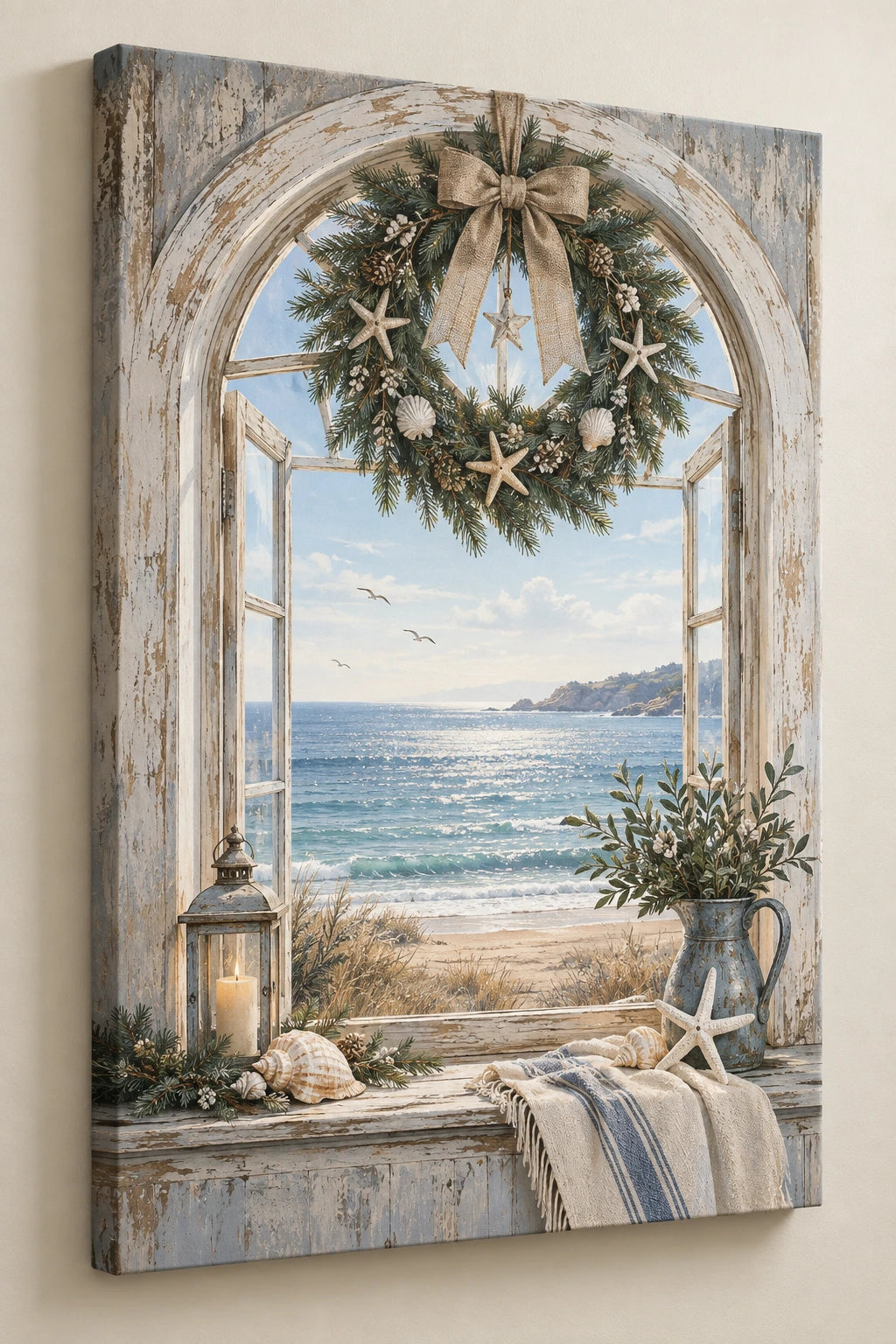 Coastal Canvas Wall Art - Seaside Window Coastal Christmas with flat printed dimensional artwork