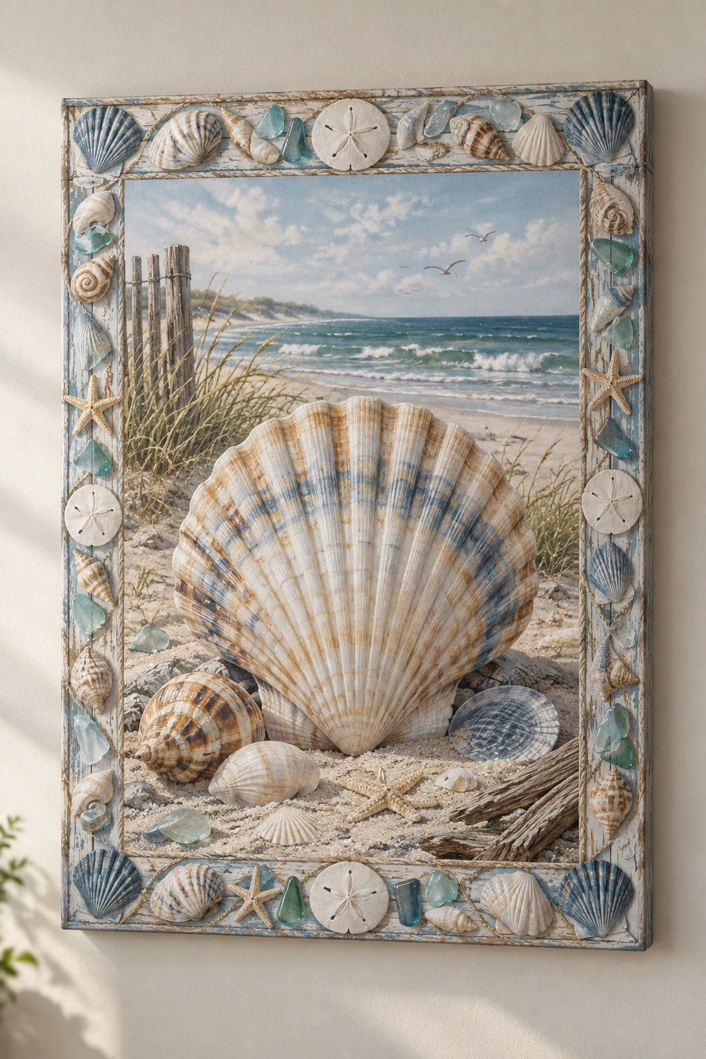 Coastal Canvas Wall Art - Shell Beach Shell Frame with flat printed dimensional artwork