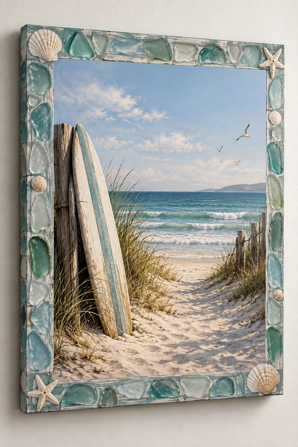 Coastal Canvas Wall Art - Surfboard Corner Sea Glass Frame with flat printed dimensional artwork