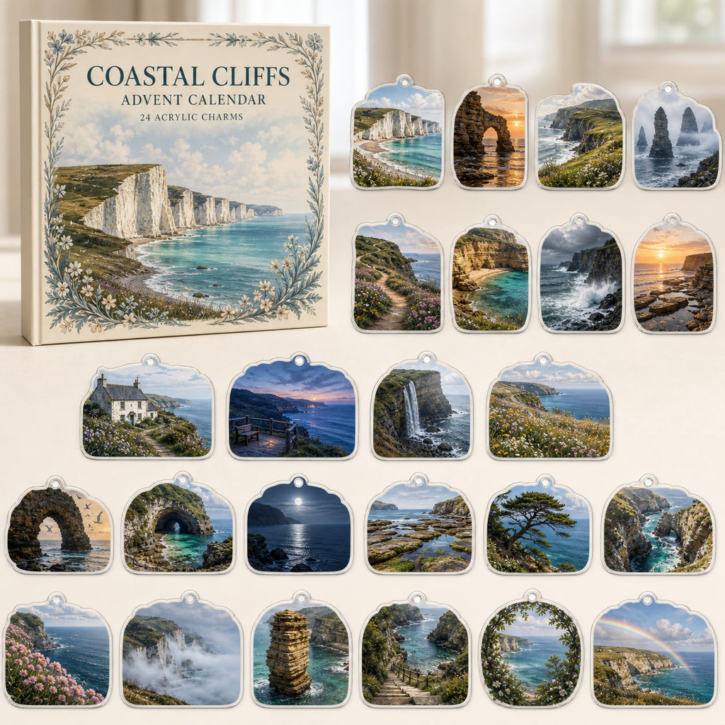 Coastal Cliffs advent calendar box and 24 printed acrylic landscape charms