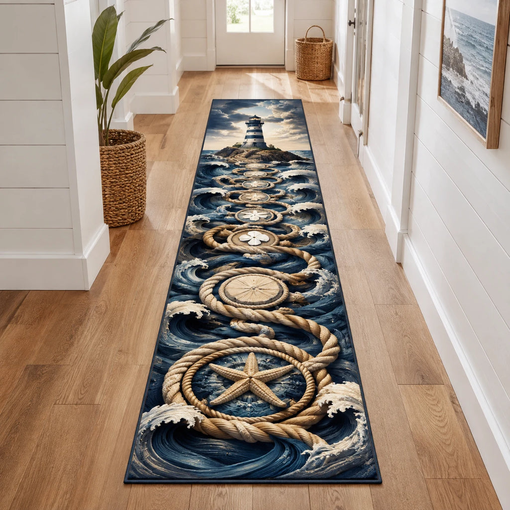 Coastal Lighthouse Passage runner rug with a dimensional printed design in a lighthouse coastal setting