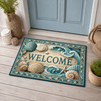 Coastal Shell Welcome doormat with a dimensional printed design in a coastal entry setting