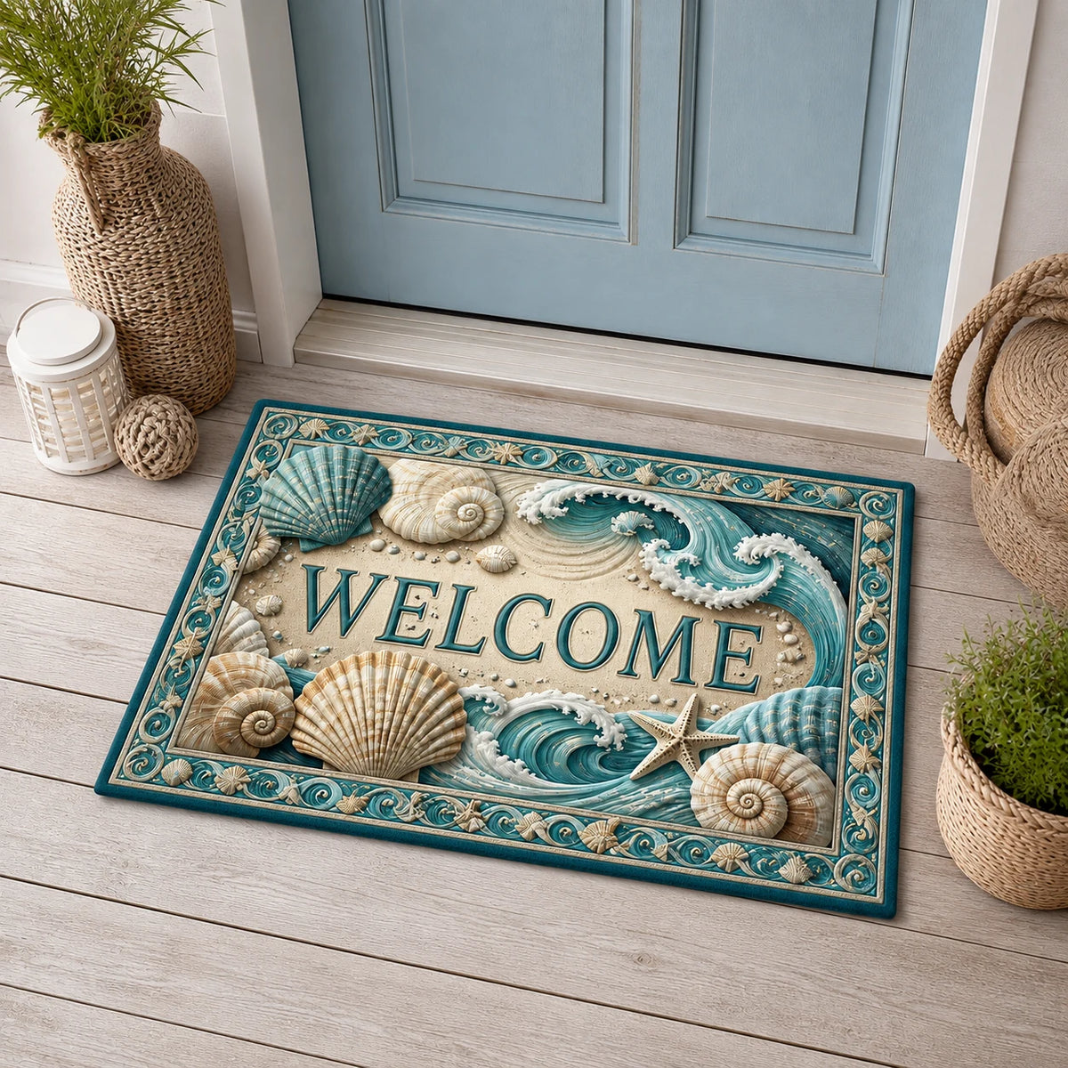 Coastal Shell Welcome doormat with a dimensional printed design in a coastal entry setting