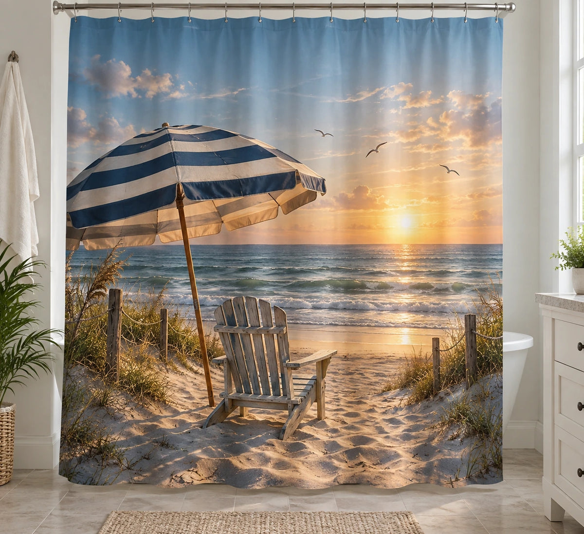 Coastal Shower Curtain - Beach Umbrella Sunrise Shore with printed artwork on draped polyester fabric