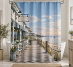Coastal Shower Curtain - Boardwalk Cafe Calm Harbor with printed artwork on draped polyester fabric