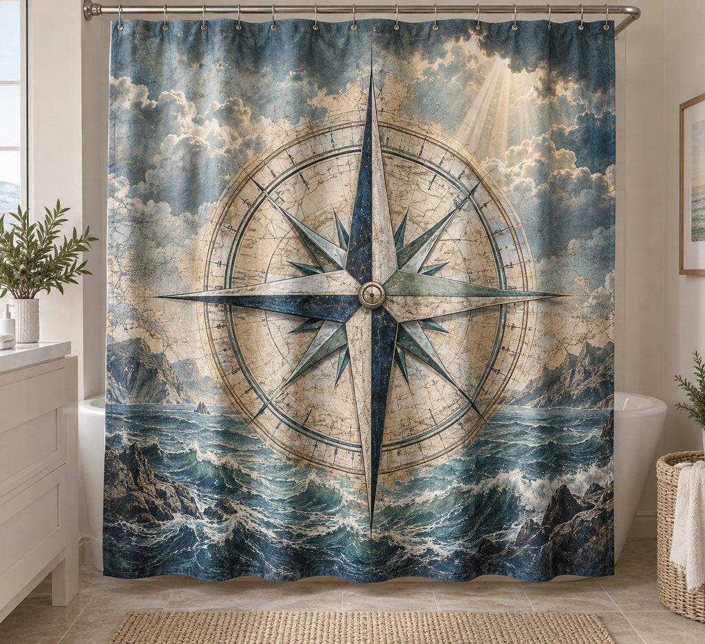 Coastal Shower Curtain - Compass Rose Storm Clearing with printed artwork on draped polyester fabric