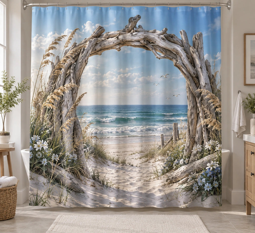 Coastal Shower Curtain - Driftwood Arch Wildflower Dunes with printed artwork on draped polyester fabric