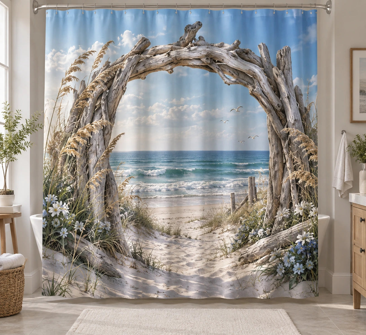 Coastal Shower Curtain - Driftwood Arch Wildflower Dunes with printed artwork on draped polyester fabric