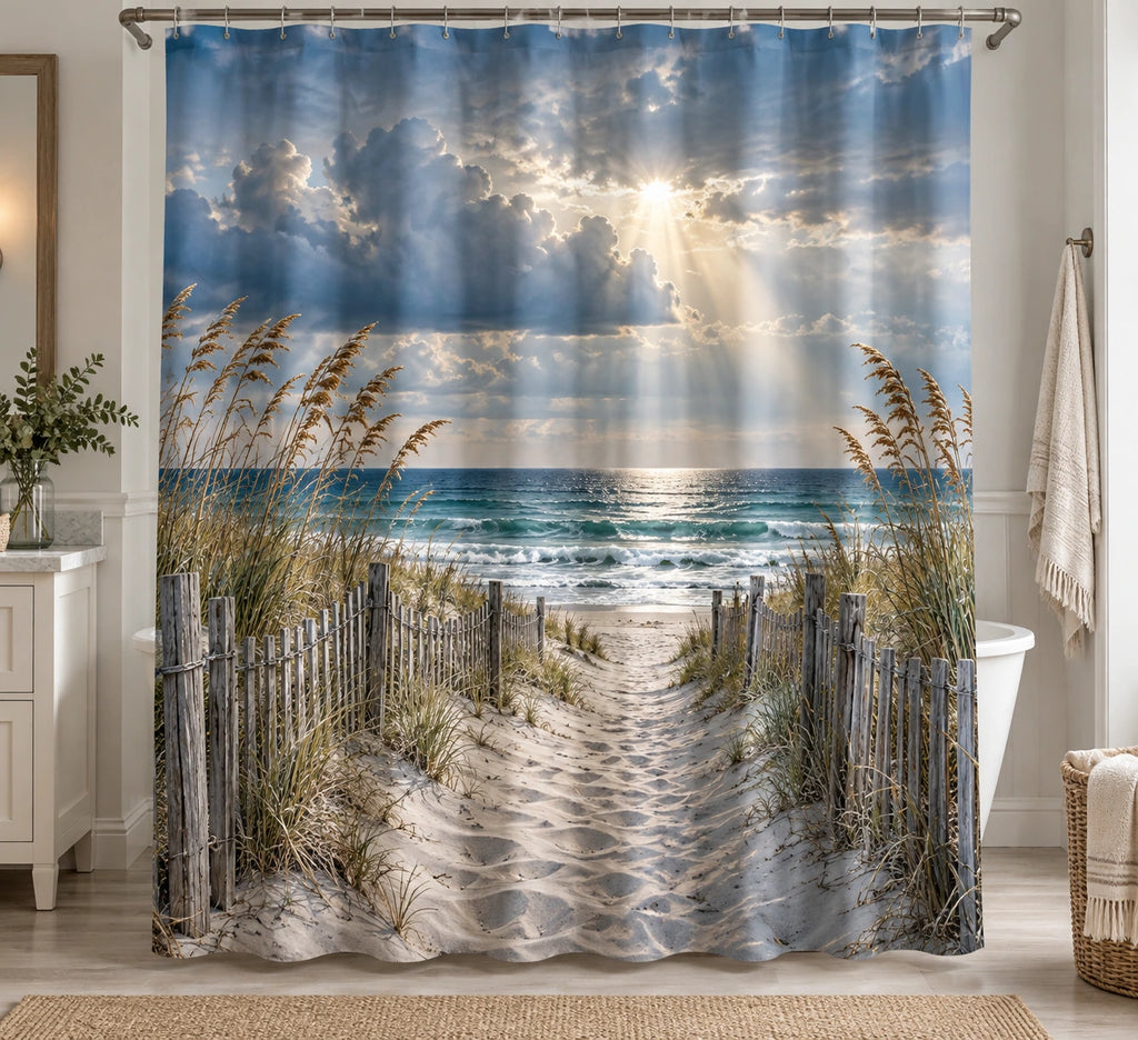 Coastal Shower Curtain - Dune Path Storm Clearing with printed artwork on draped polyester fabric