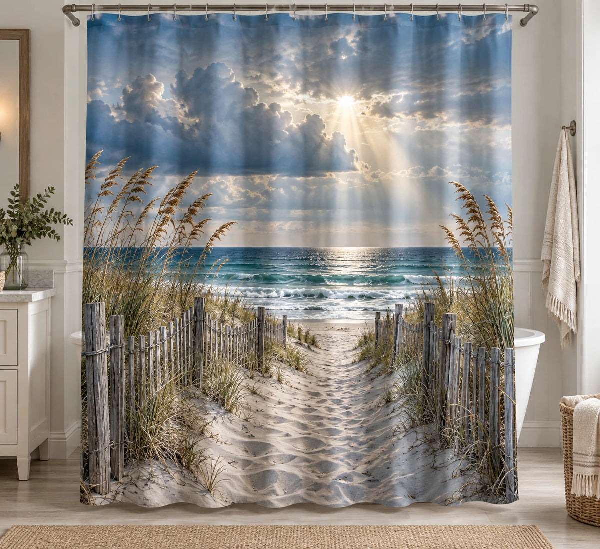 Coastal Shower Curtain - Dune Path Storm Clearing with printed artwork on draped polyester fabric